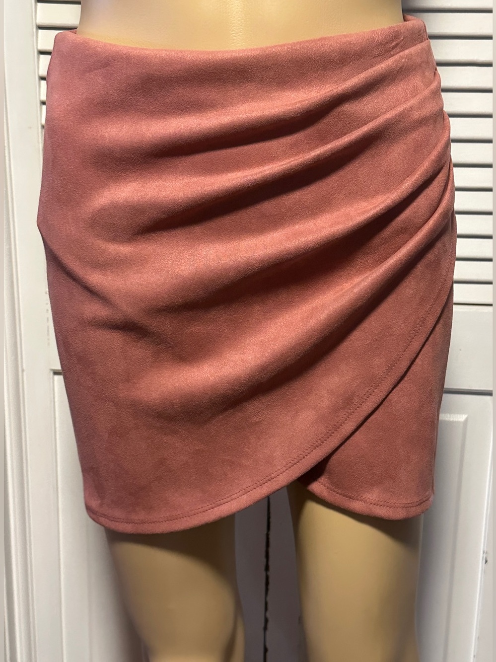 Windsor Faux Suede Wrap Pleated Mini Skirt Dusty Rose Pink Tulip Hem Pink S